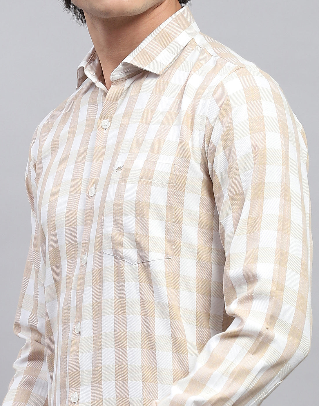 Men Beige Check Collar Full Sleeve Shirt