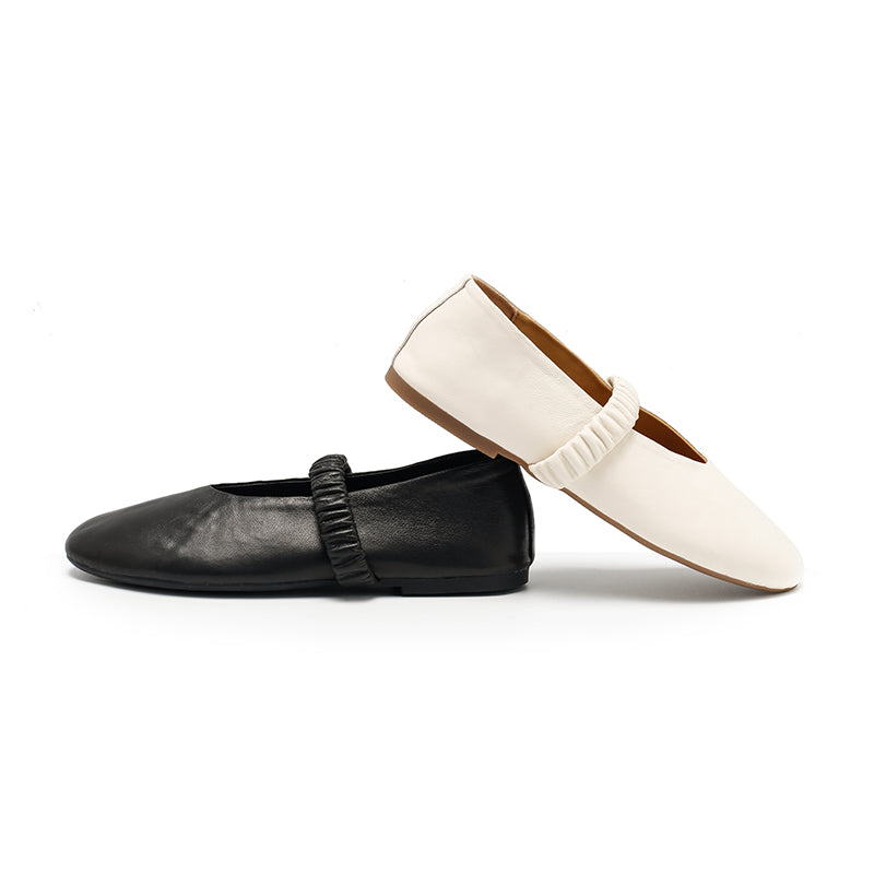 Casual Soft Sheepskin Mary Jane Flats with Elastic Strap in Khaki/Deep Brown/White/Black
