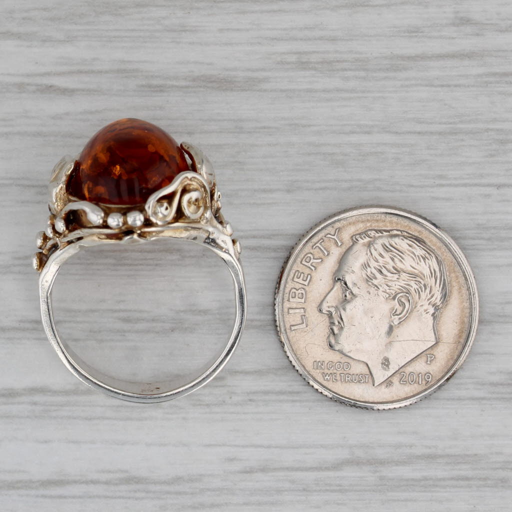 Amber Oval Cabochon Ring Sterling Silver Floral Size 4.75