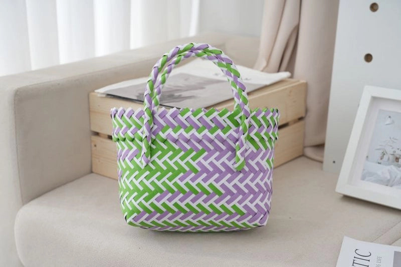 Women's Small PVC Stripe Bow Knot Cute Weave Square Open Handbag