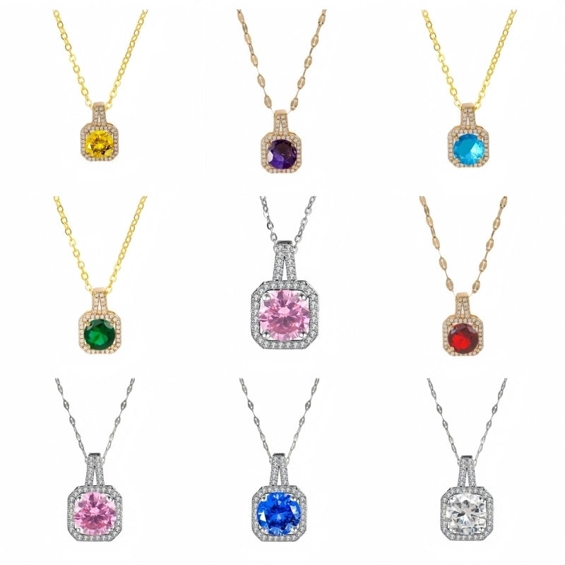 201 Stainless Steel White Gold Plated Gold Plated Classic Style Plating Inlay Square Glass Zircon Pendant Necklace