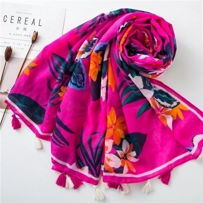 Cotton And Linen Scarf Warm Rose Red Tone Tropical Plant Color Tassel Trend