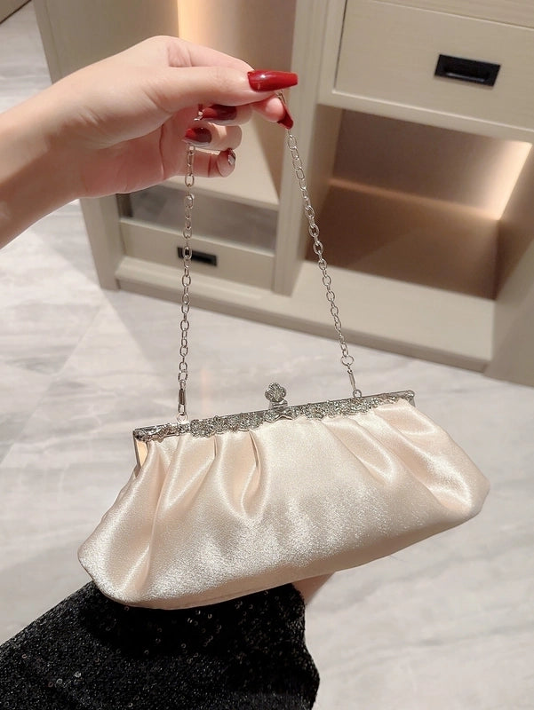 Apricot Silver Black Suede Solid Color Rhinestone Dumpling Shape Evening Bags