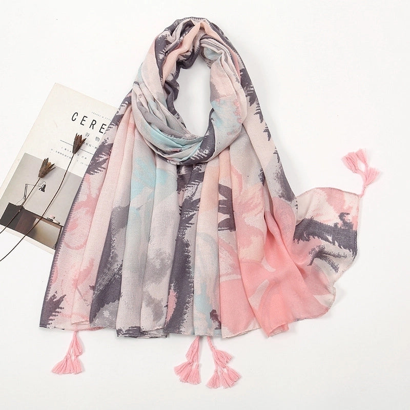 Women'S Sweet Flower Cotton And Linen Tassel Scarf