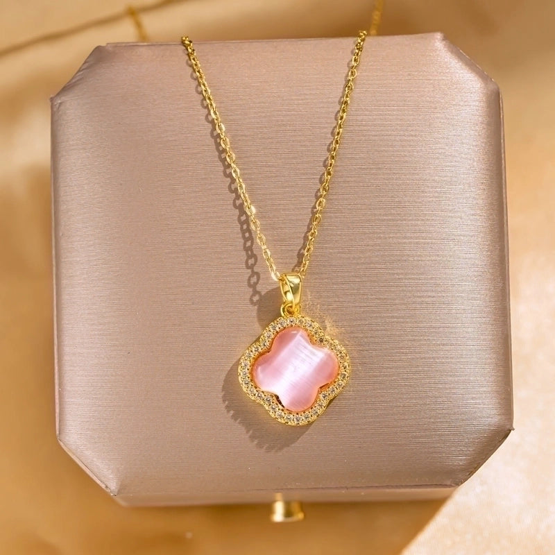 Elegant Lady Streetwear Geometric Flower Butterfly 304 Stainless Steel Acrylic Zircon 18K Gold Plated Inlay Pendant Necklace