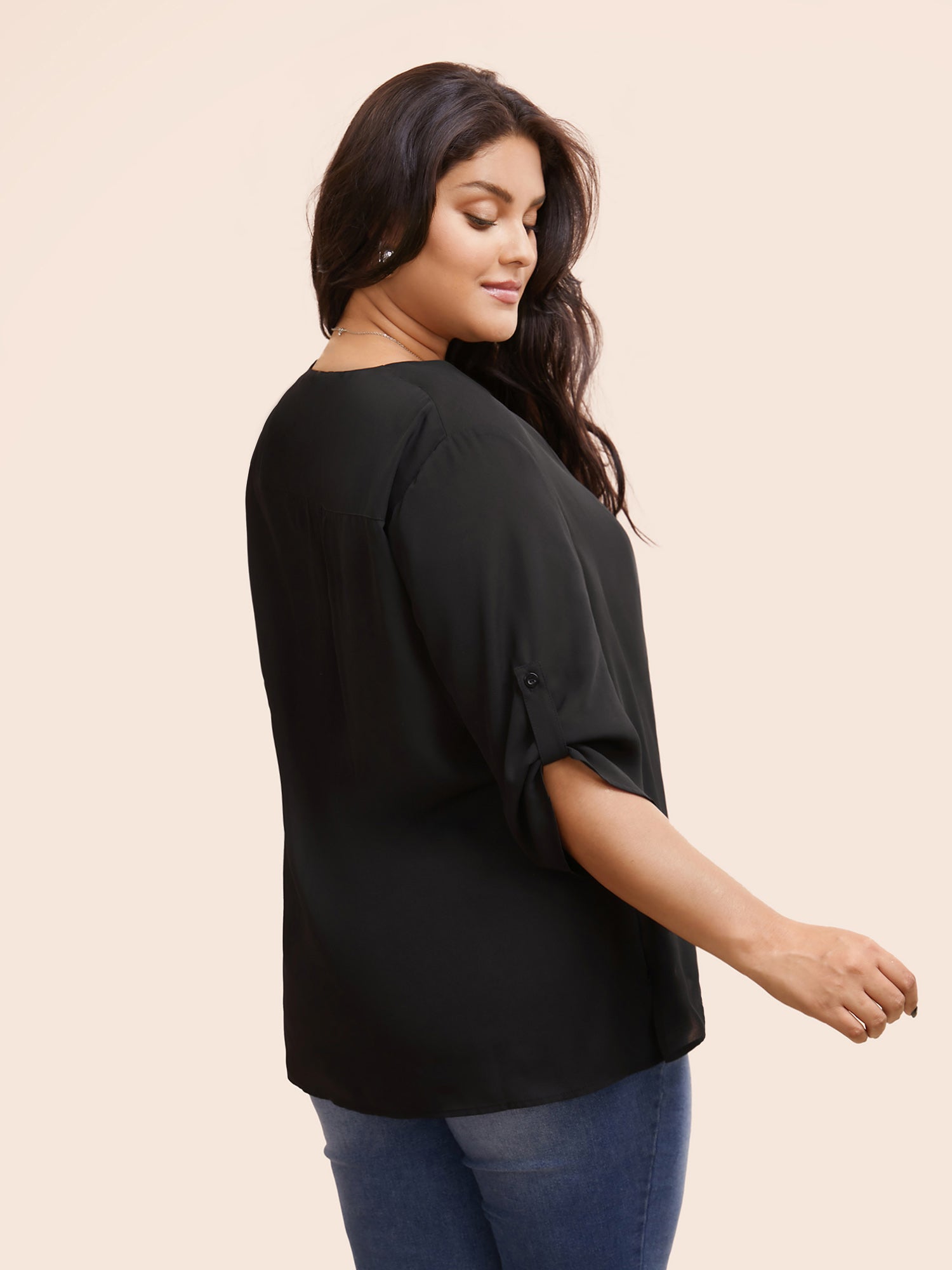 Overlap Collar Gathered Tab Sleeve Blouse