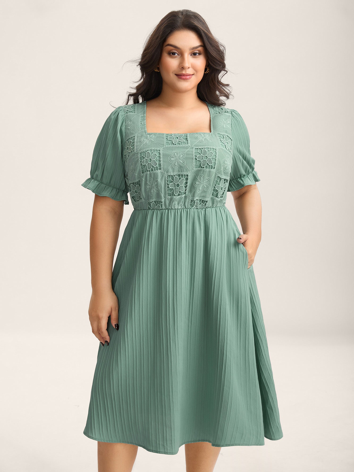 Lace Cut-Out Pockets Midi Dress