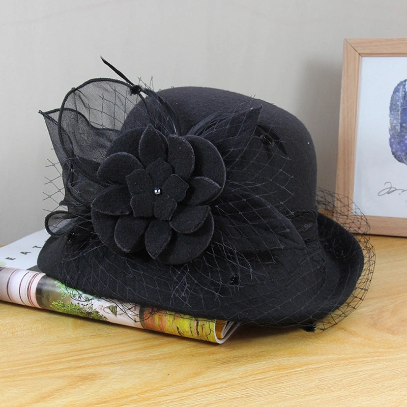 Wool Hat Women's Autumn And Winter  Vintage Basin Hat Hepburn Mesh Flower Curled Top Hat