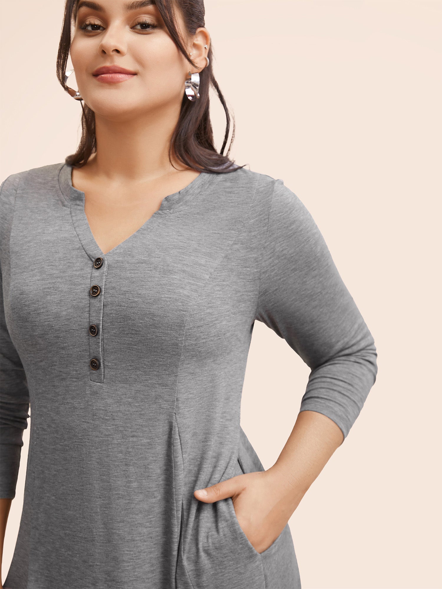 Notched Solid Heather Midi Dress