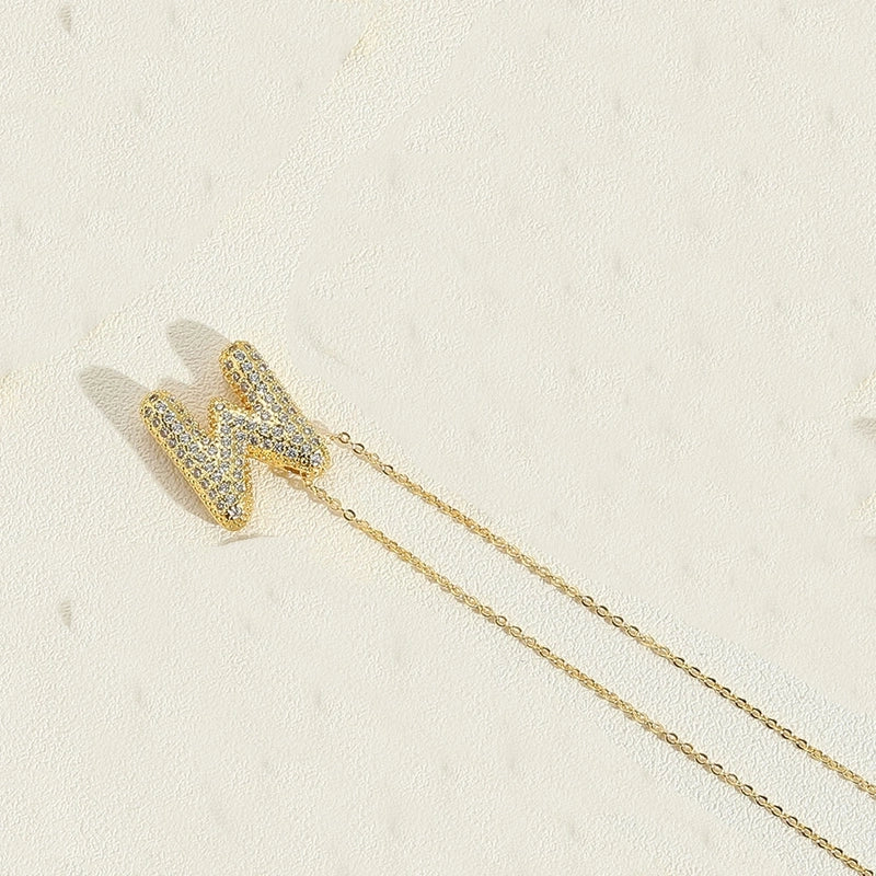 Copper 14K Gold Plated Minimalist Inlay Letter Zircon Pendant Necklace