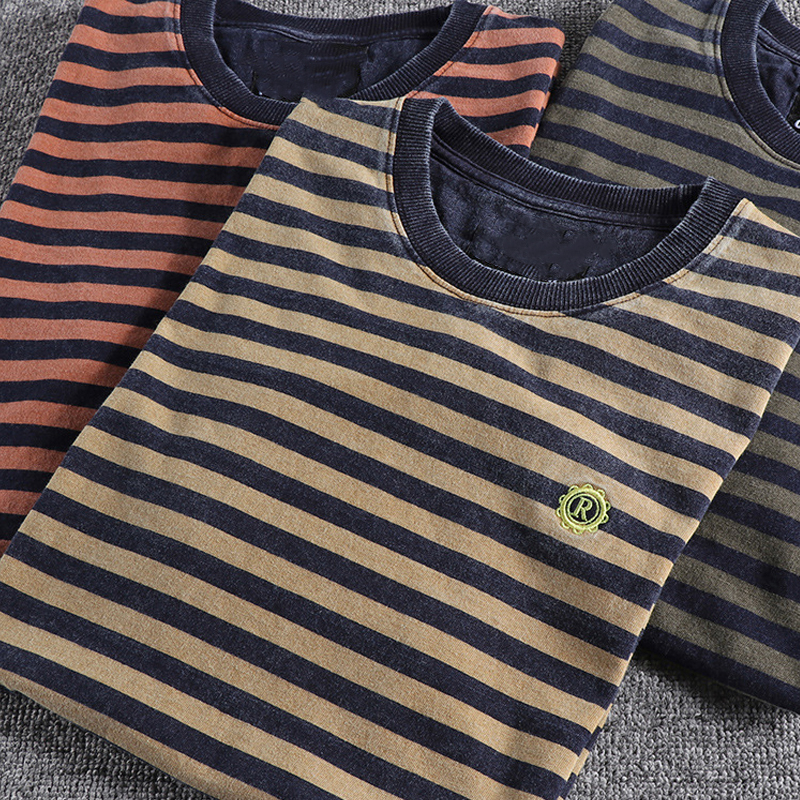 Men's Cotton Distressed Striped Short-Sleeved T-Shirt