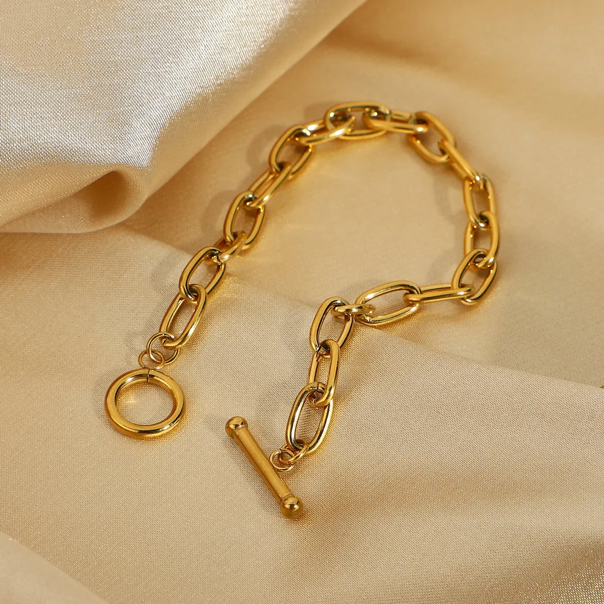 Gold Bracelet Paper Clip Bracelet T Ring Gold Plated Stainless Steel Oval Chain Bracelet For Women