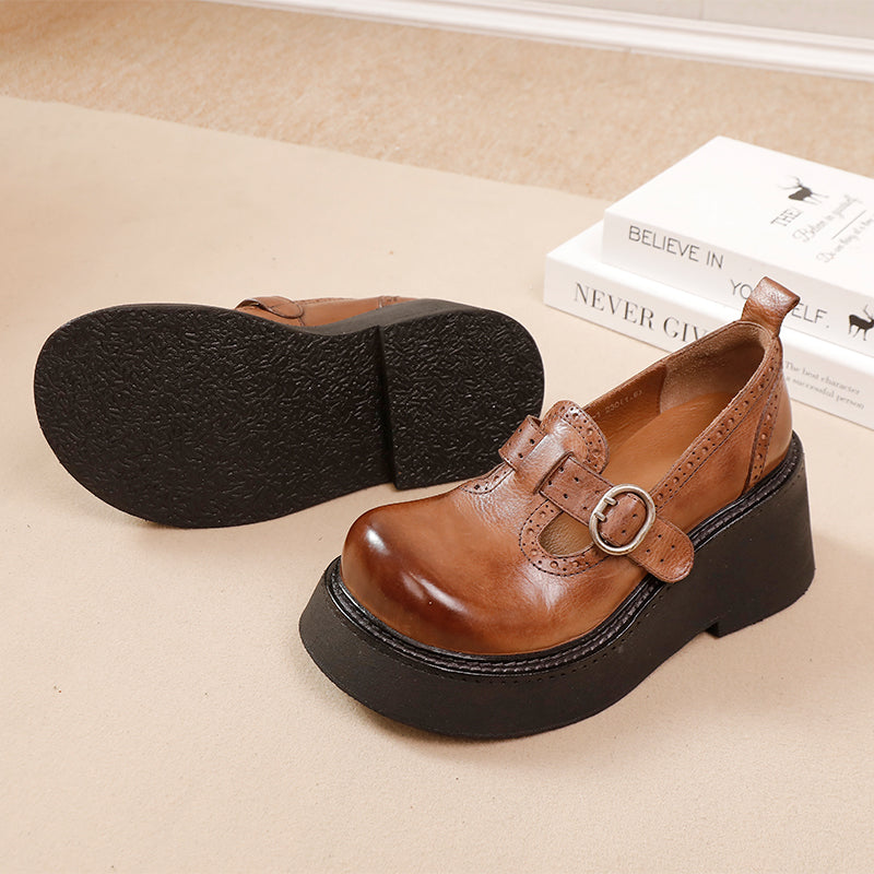 Brogue T-Strap 52mm Washed Cowhide Platform Mary Jane Shoes in Black/Coffee
