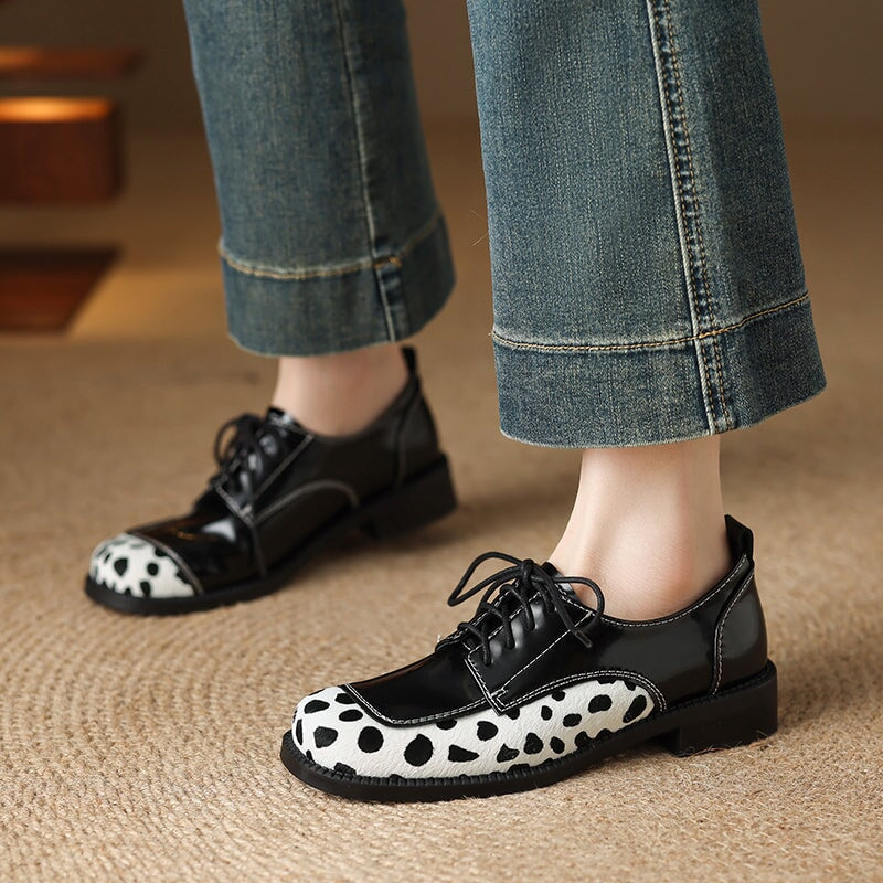 Unique Dalmatian Print Patchwork Handmade Leather Lace-Up Oxford Shoes in Black