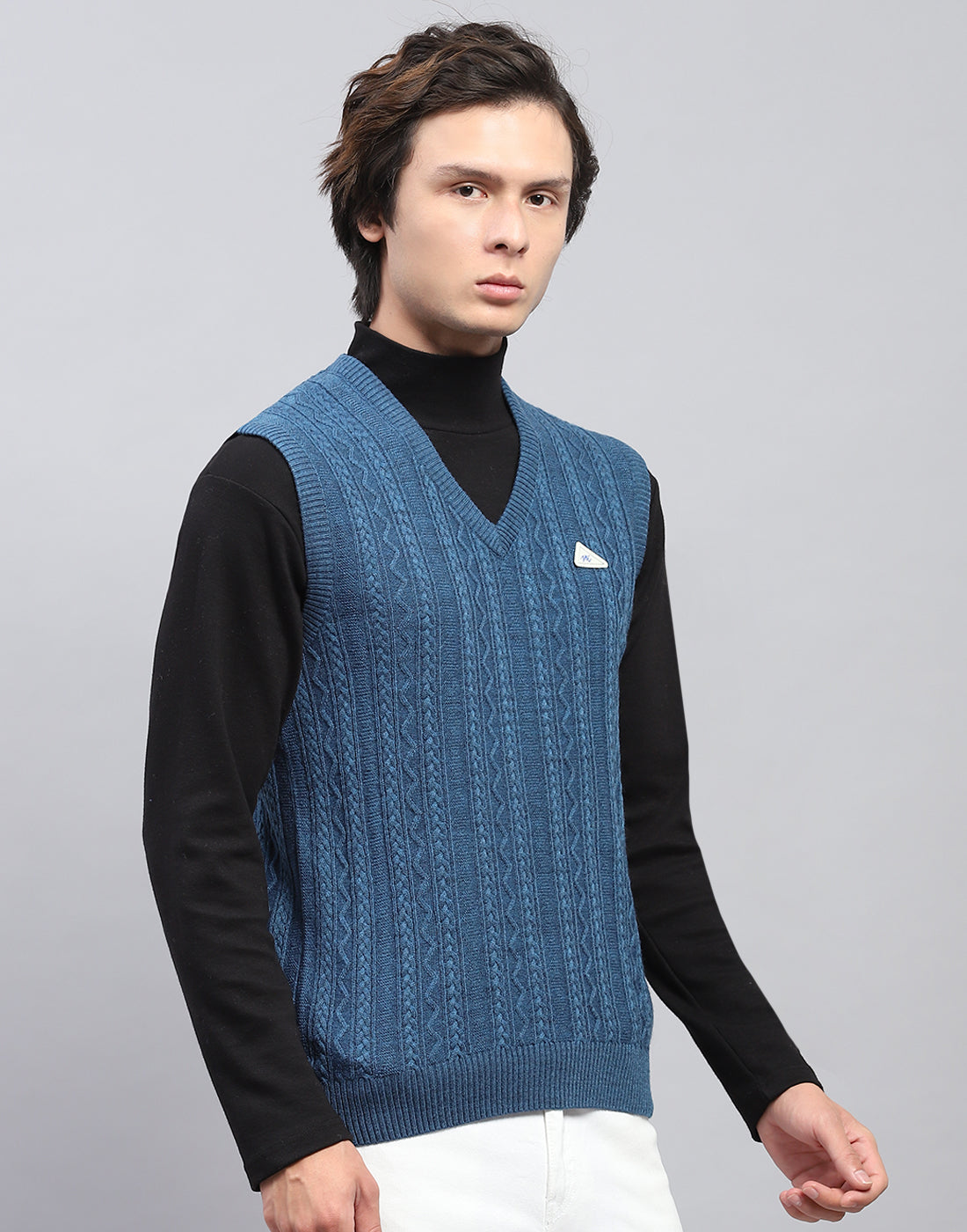 Men Blue Self Design V Neck Sleeveless Sweater