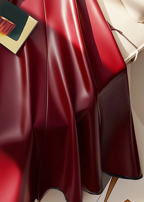 Stylish Red Sashes Solid High Waist Faux Leather Skirts Spring