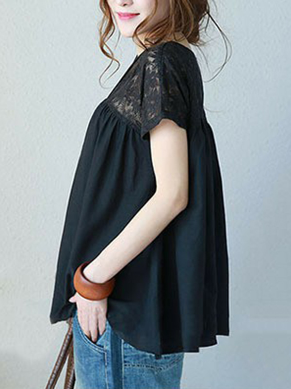 Vintage Solid Color Split-Joint Pleated Embroidered Hollow Lace Round-Neck Short Sleeves T-Shirt