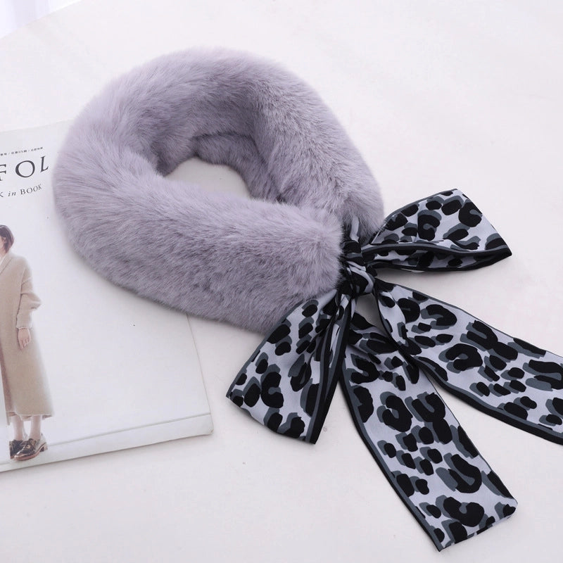 Women's Sweet Solid Color Bow Knot Leopard Faux Rabbit Fur Chiffon Scarf