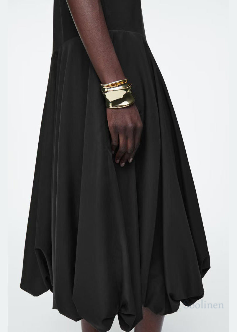 Fitted Black Patchwork Cotton Lantern Dresses Summer