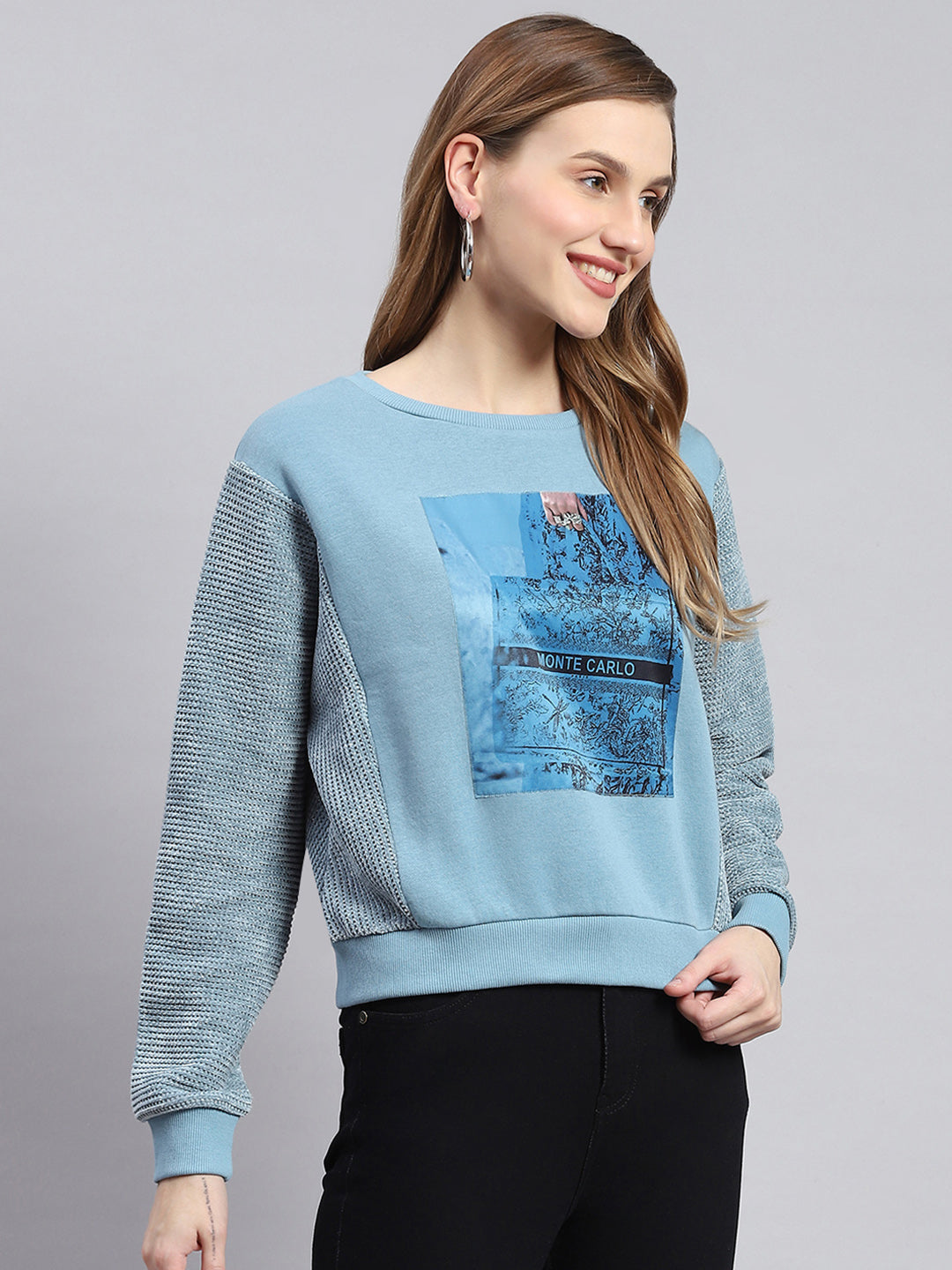 Women Teal Blue Printed Round Neck Full Sleeve Sweatshirts