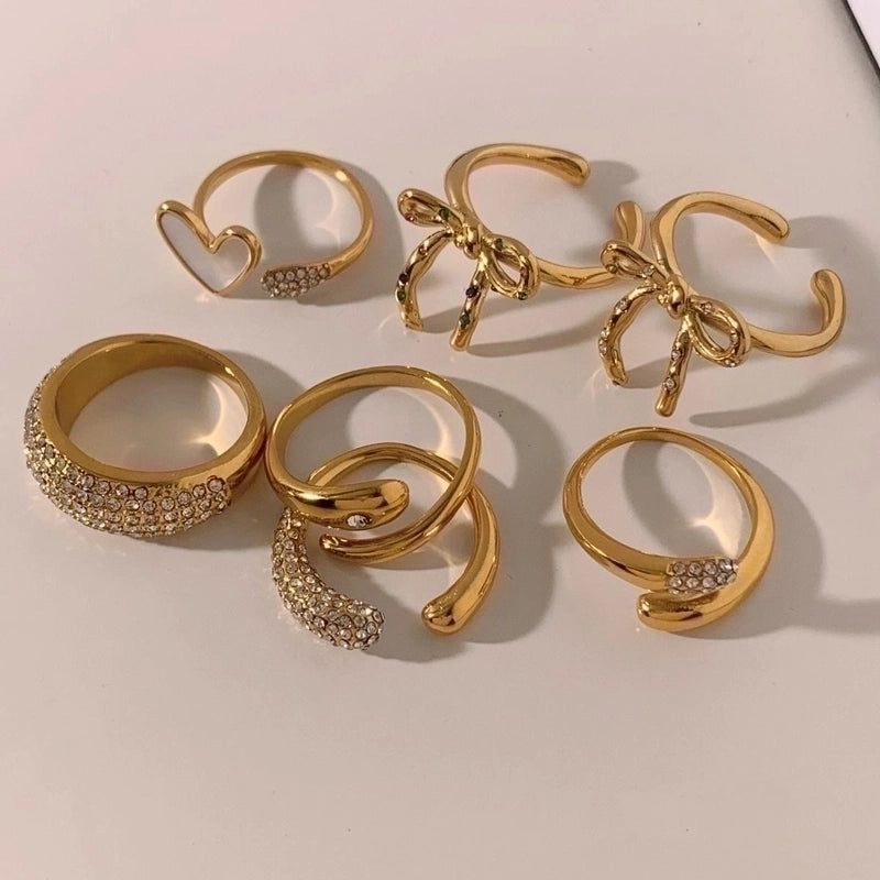 Casual Modern Style Heart Shape Bow Knot 316 Stainless Steel  Shell Diamond 16K Gold Plated White Gold Plated Gold Plated Inlay Stainless Steel Rings