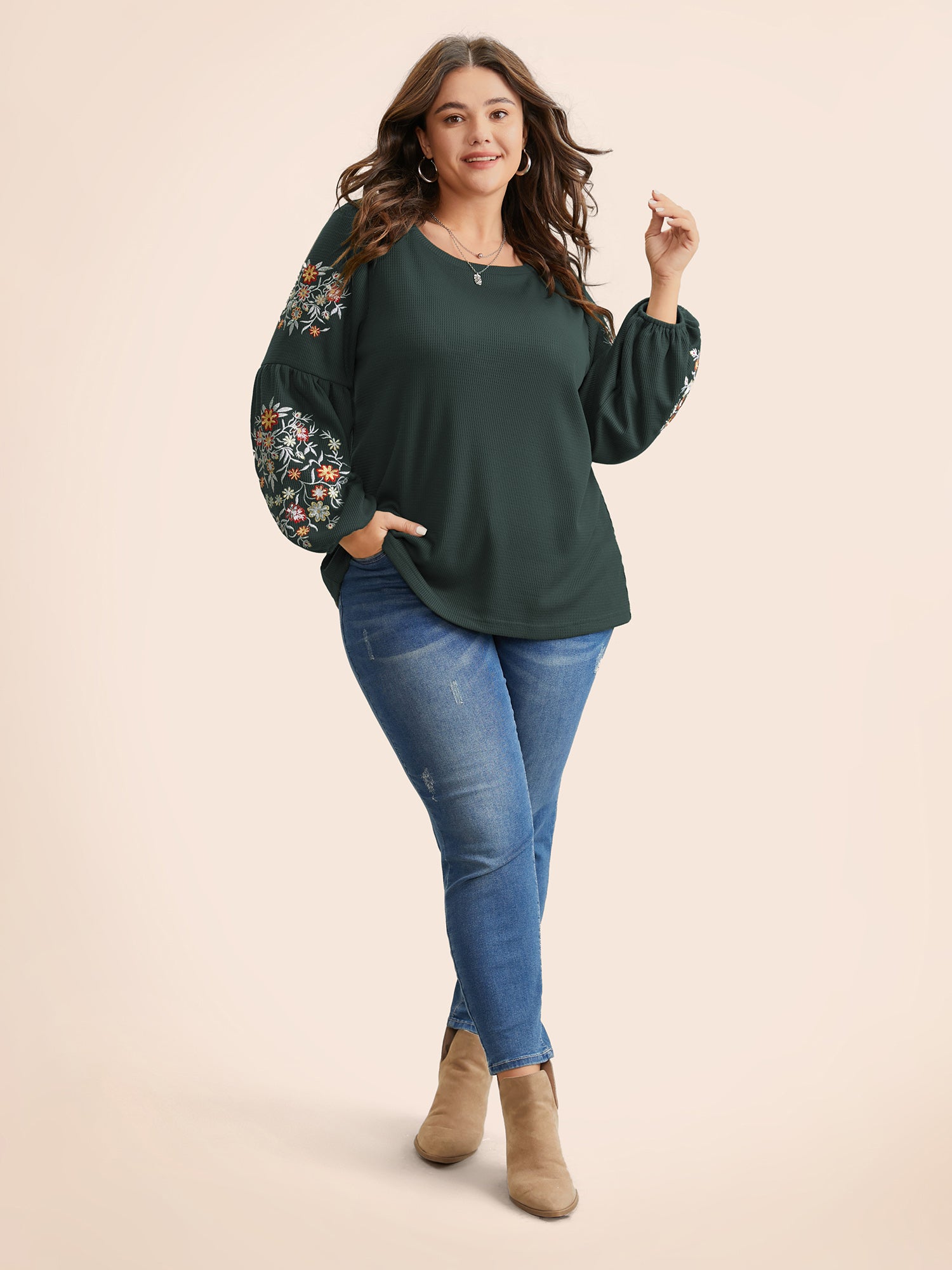 Waffle Knit Floral Embroidered Lantern Sleeve T-shirt