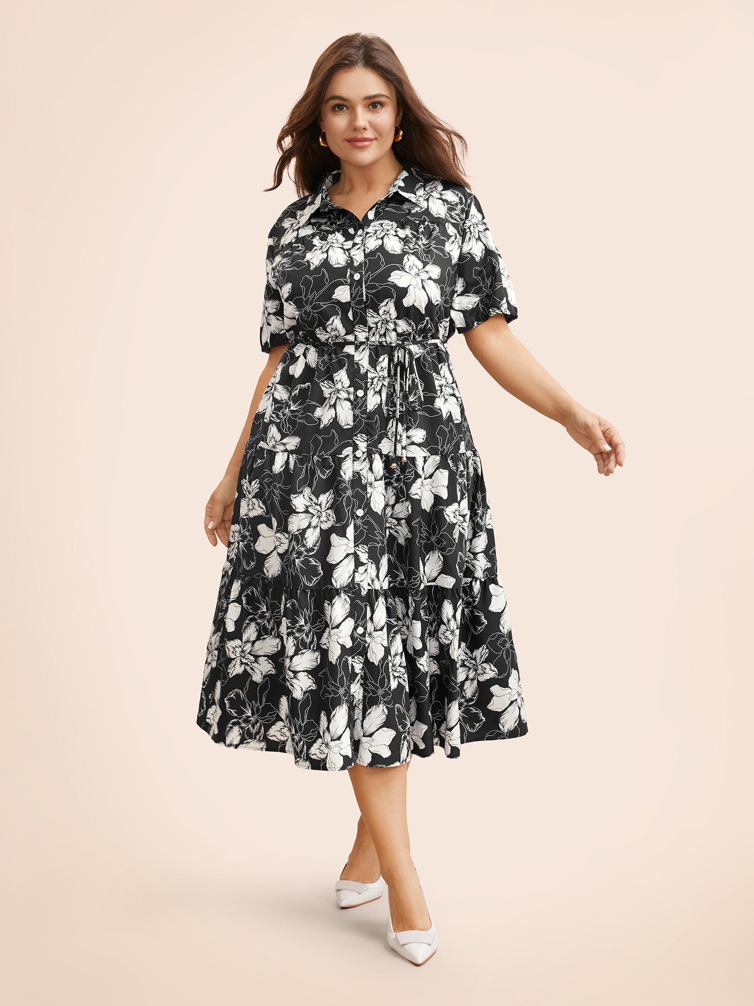 Floral Shirt Collar Belted Midi Dress