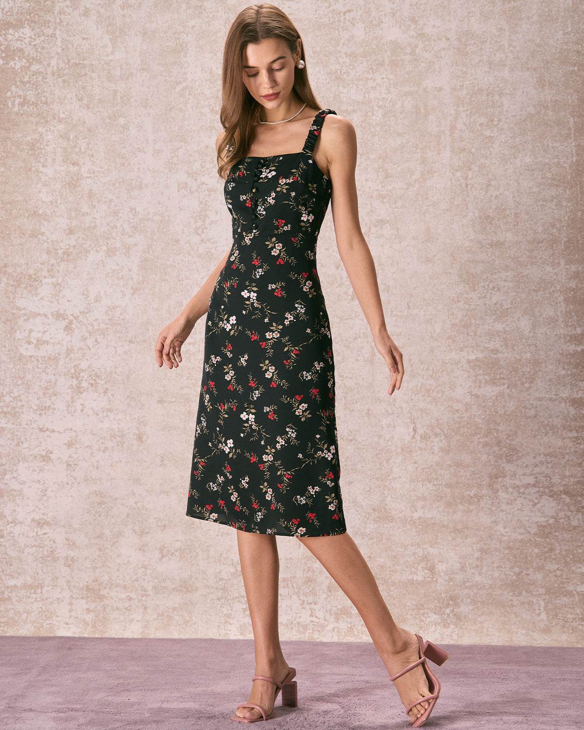 The Black Elasticized Straps Floral Midi Dress