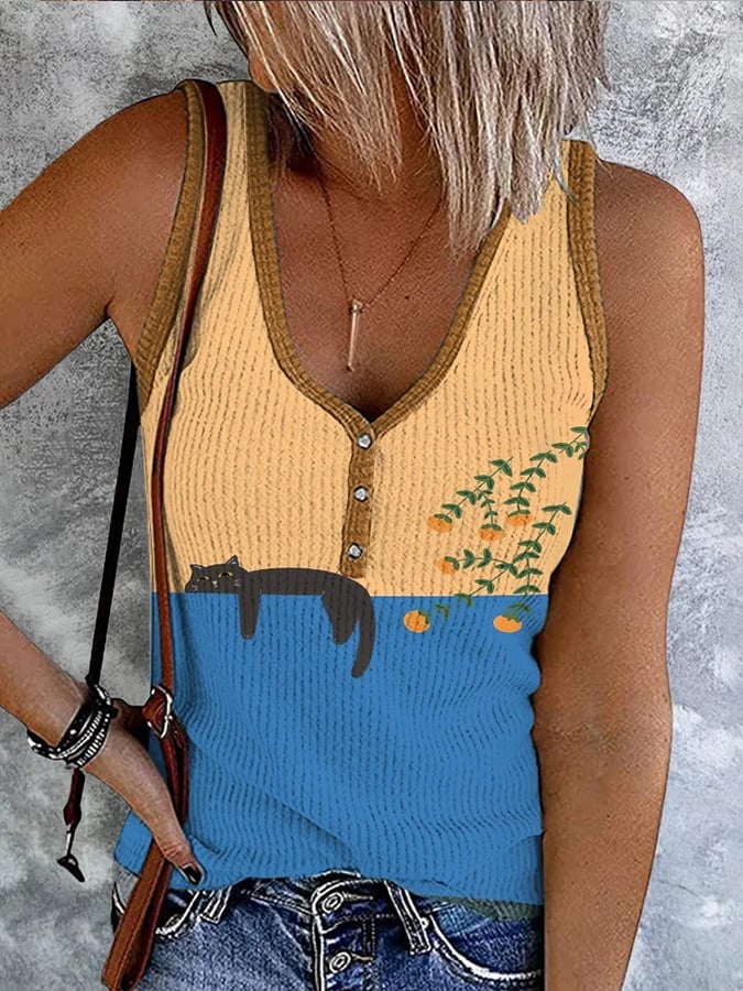 Women'S Abstract Creative Lazy Black Cat Painting Art Print Tank Top