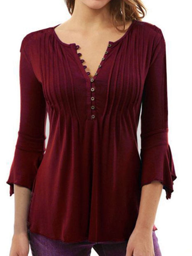 Casual Pleated Flared Sleeve Top