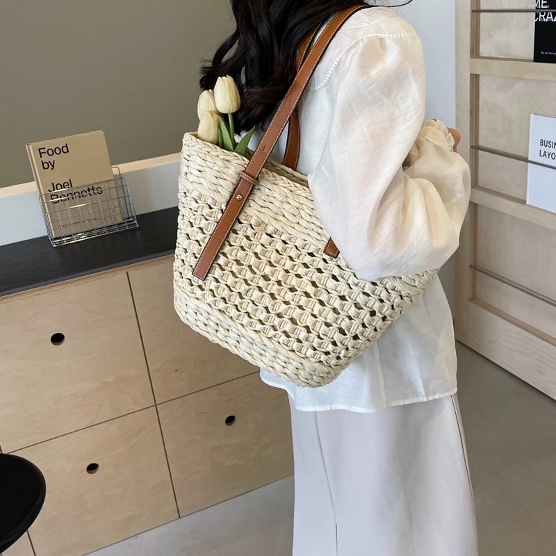 Women's Large Straw Solid Color Vacation Beach Zipper Straw Bag