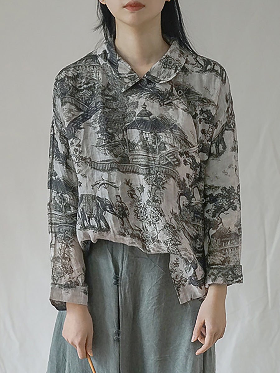 Plus Size Vintage Floral Ramie Autumn Women Loose Shirt