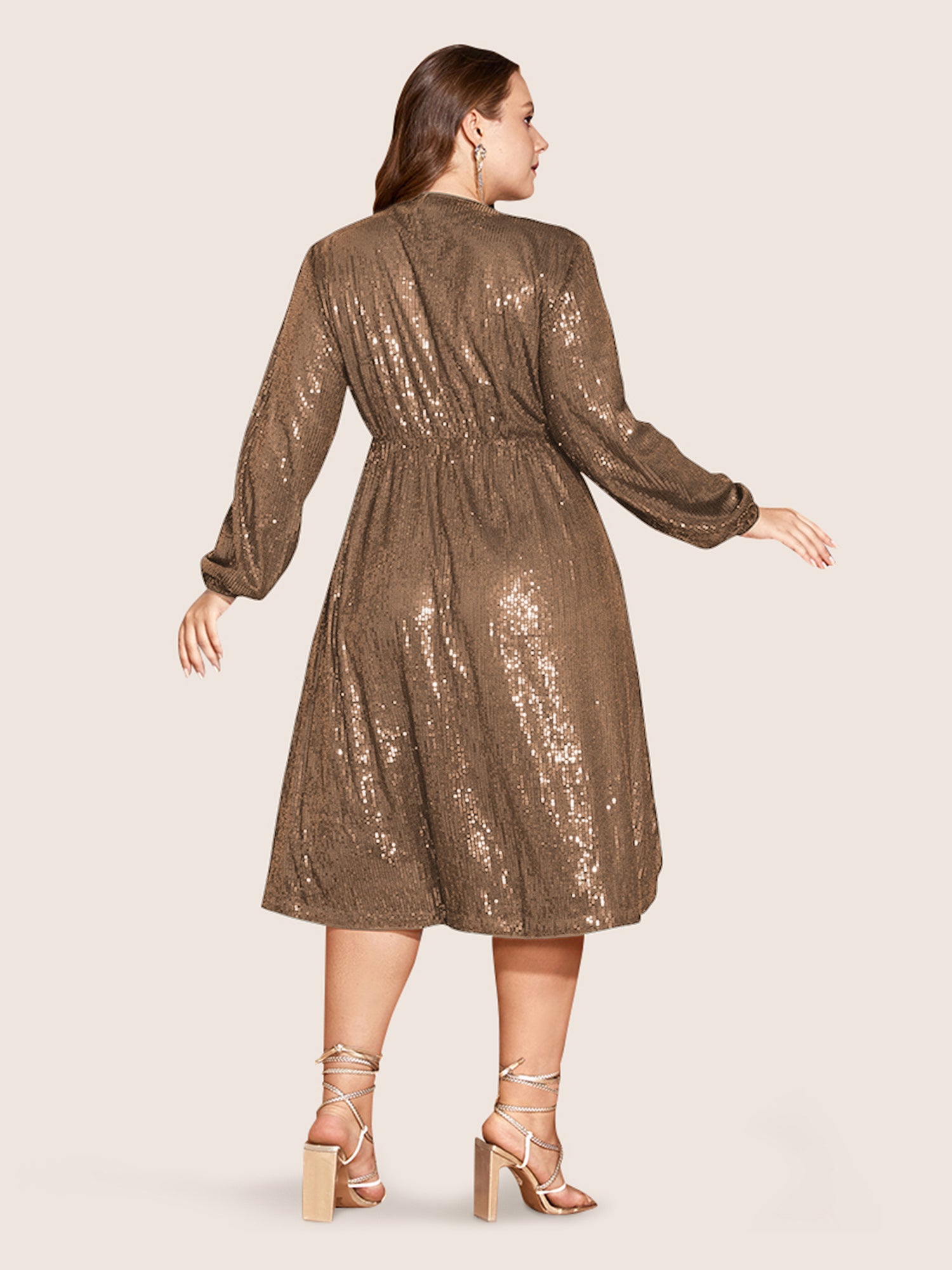 Solid Pocket Lantern Sleeve Wrap Sequin Dress