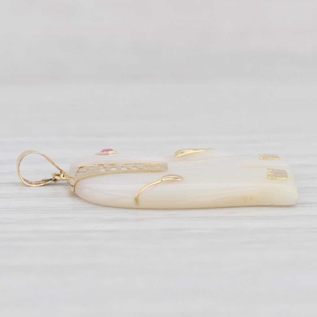 Mother of Pearl Elephant Pendant 14k Yellow Gold Chinese Calligraphy Good Luck