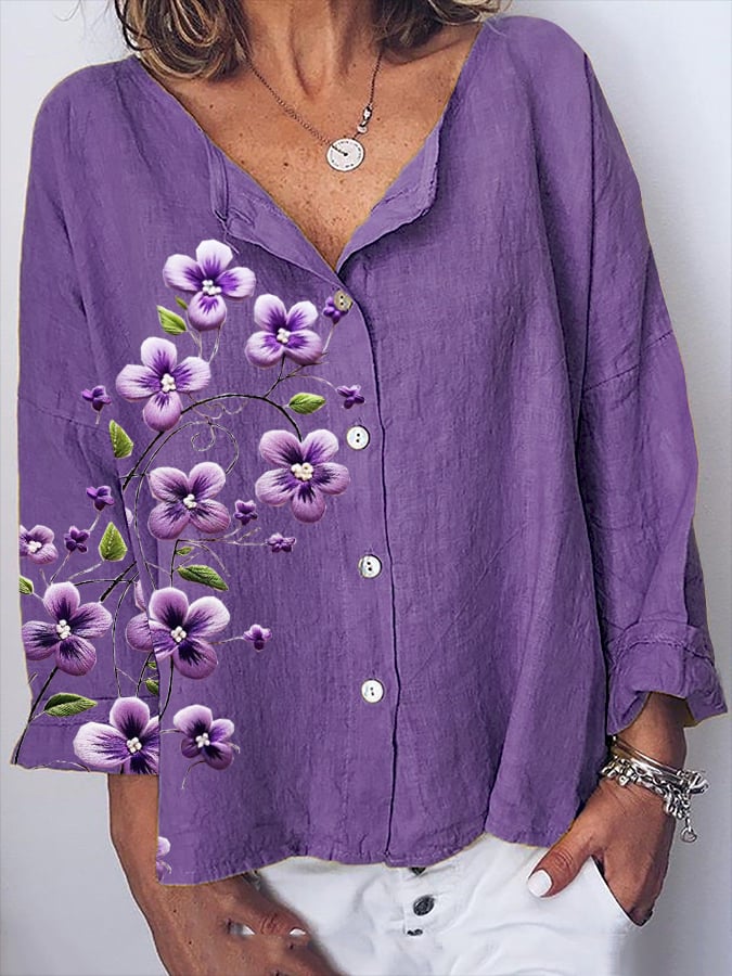 Women's Purple Floral Print Casual Cotton And Linen Top