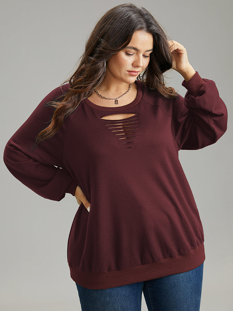 Solid Rib Knit Cut Out Raglan Sleeve Sweatshirt