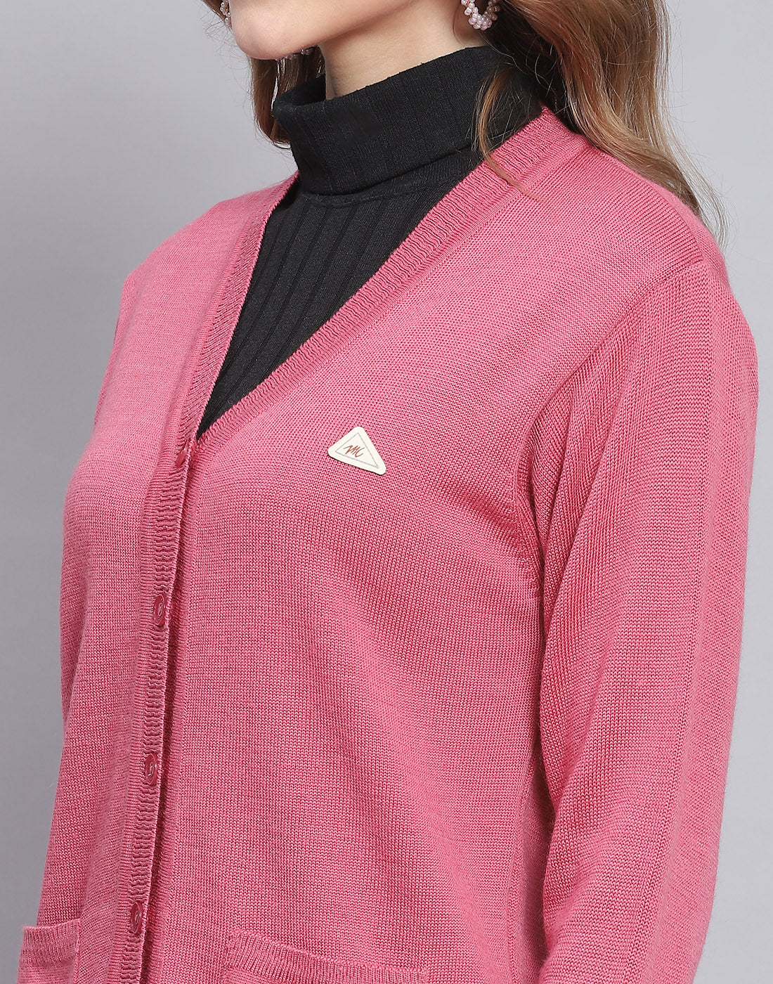 Women Pink Solid V Neck Full Sleeve Cardigan