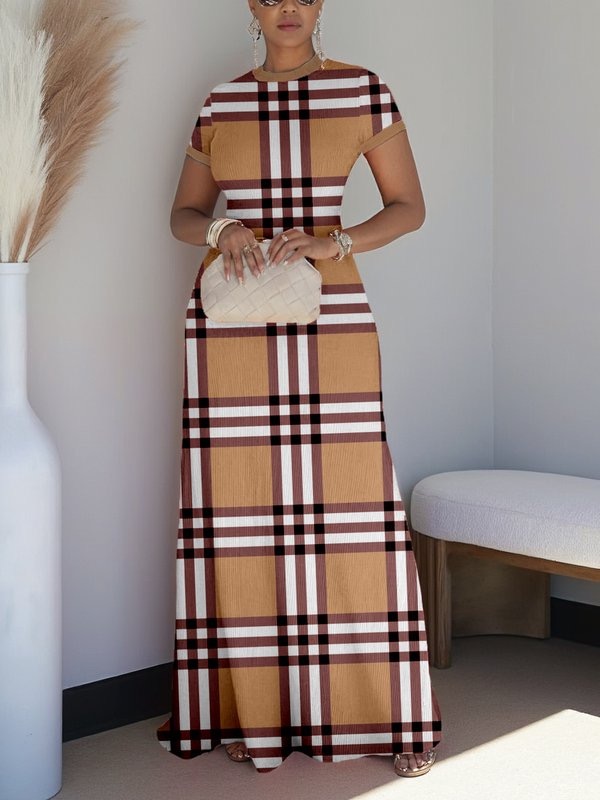 Short Sleeves Plaid Round-Neck Maxi Dresses