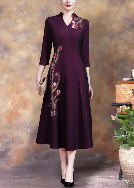Women Purple Embroideried Sequins Cotton Long Dress Spring