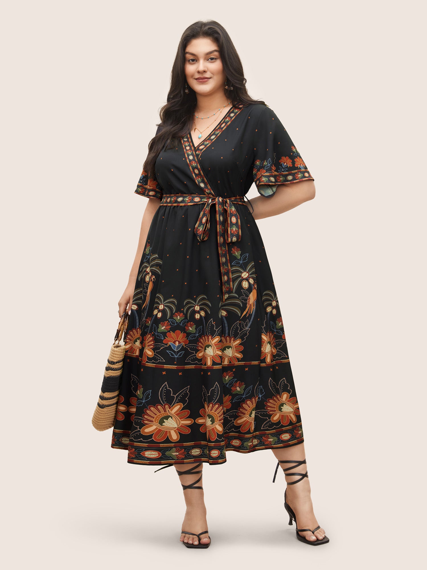 Bandana Print Surplice Neck Flutter Sleeve Dress