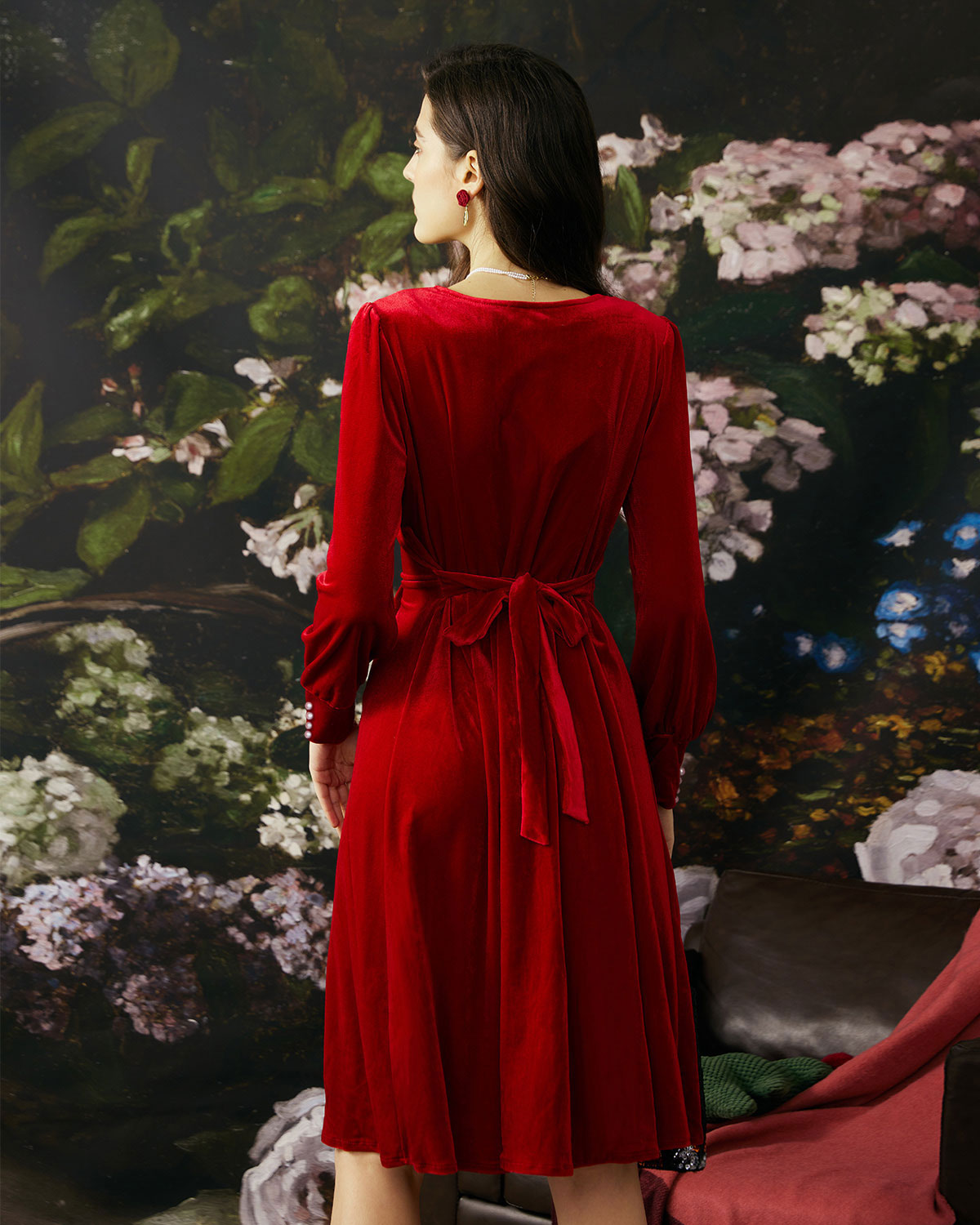 The Pearl Button Red Velvet Dress