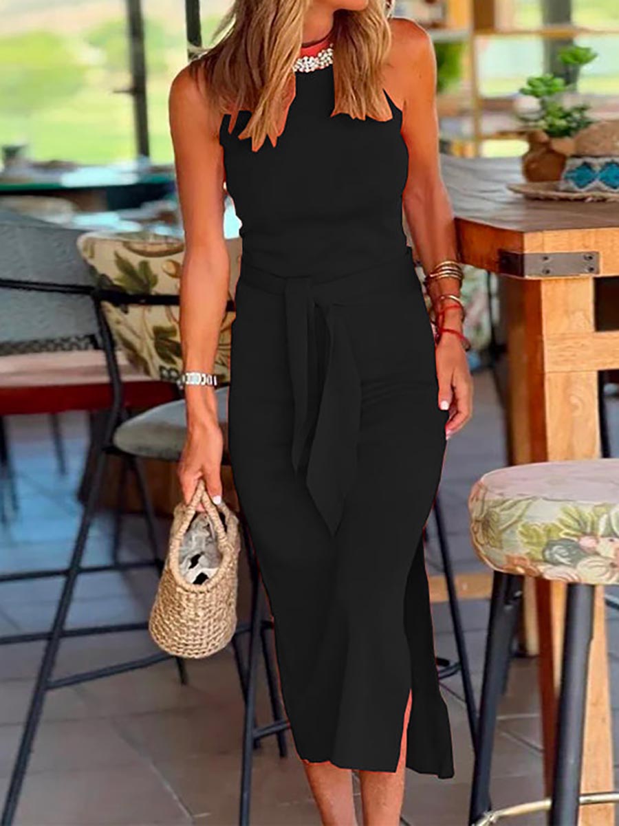 Halter Sleeveless Tie Waist Side Split Dress