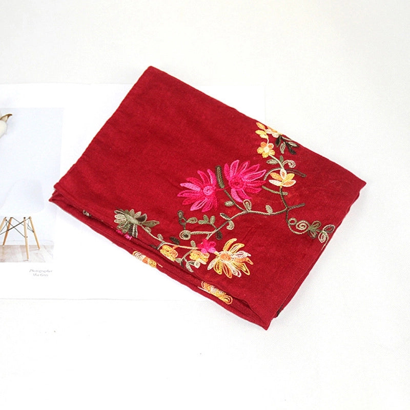 Women's Classic Style Flower Cotton And Linen Embroidery Scarf
