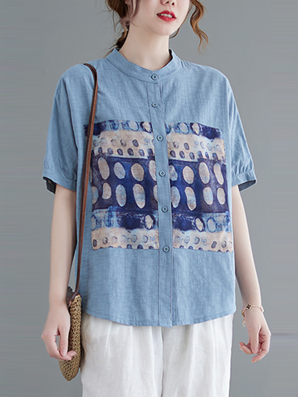 Artistic Retro Loose Applique Printed Blouse