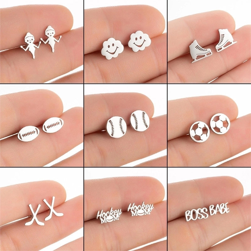 Minimalist Letter Skates Ball Stainless Steel Plating Hollow Out Ear Studs 1 Pair