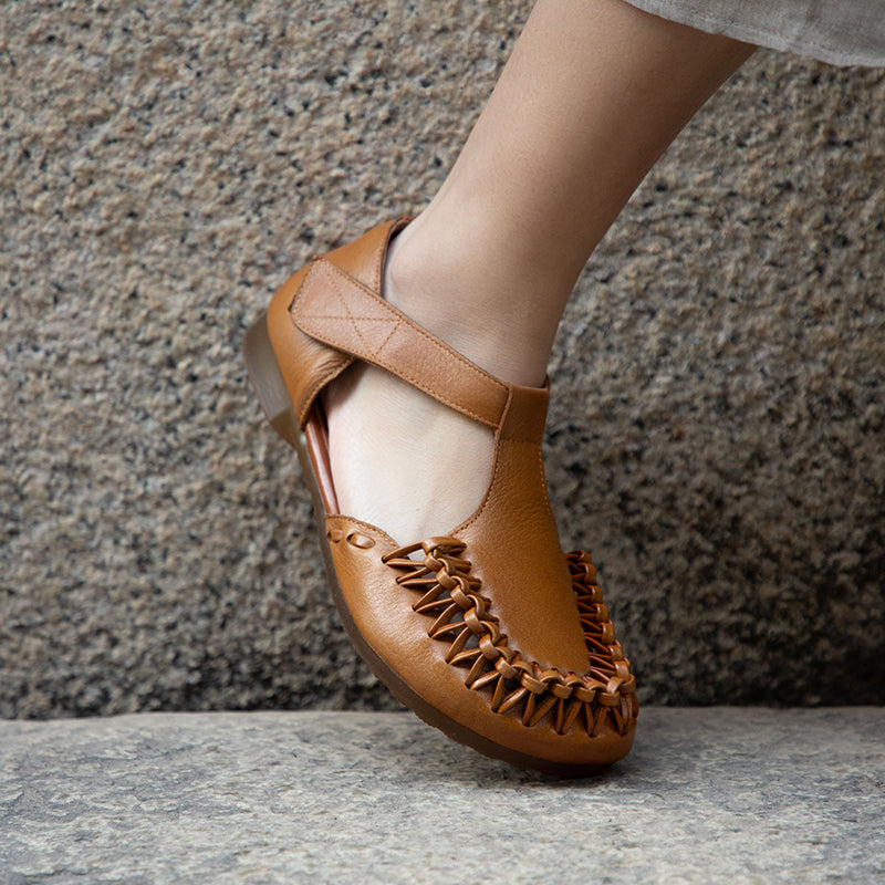 Handmade Roman Style Woven Leather Sandals  Flat T-Strap Closed Toe Shoes with Velcro in Camel/Coffee