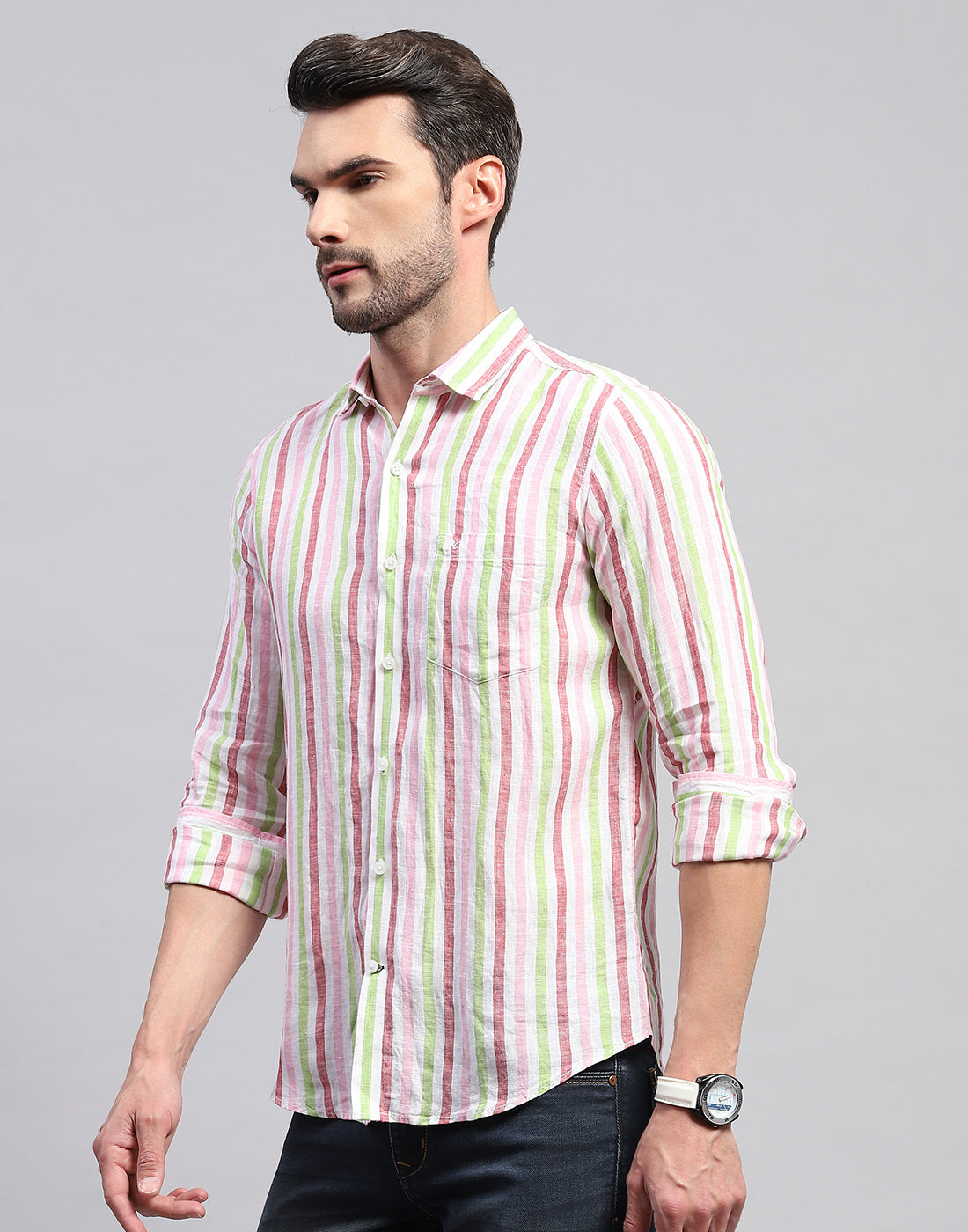 Men Red Stripe Collar Neck Full Sleeve Shirt