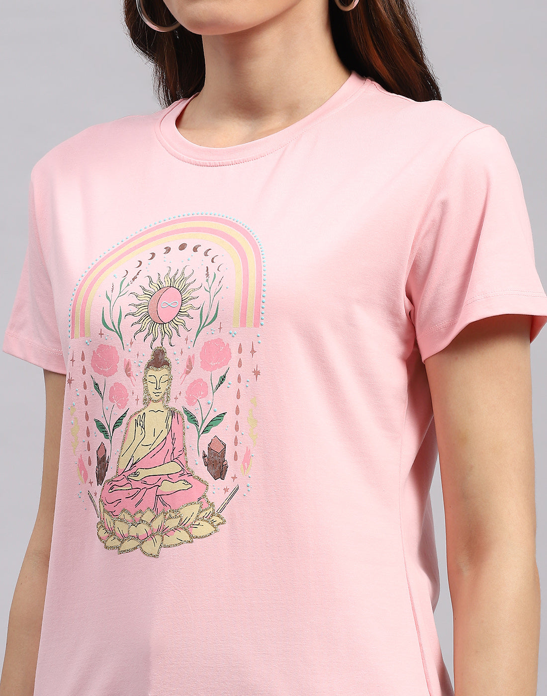 Women Pink Printed Round Neck Half Sleeve Top