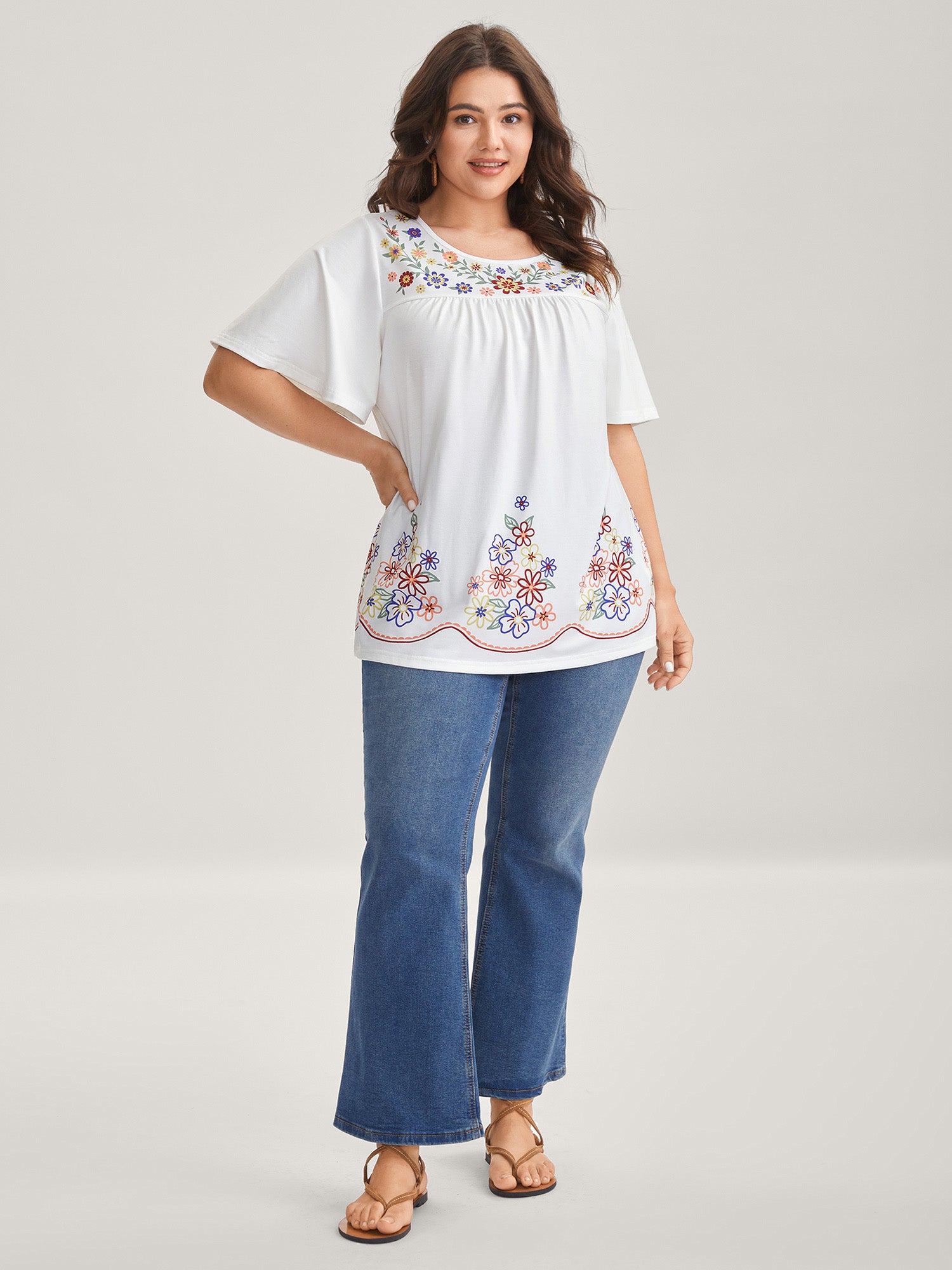Floral Dreams Flared Sleeve Solid T-Shirt