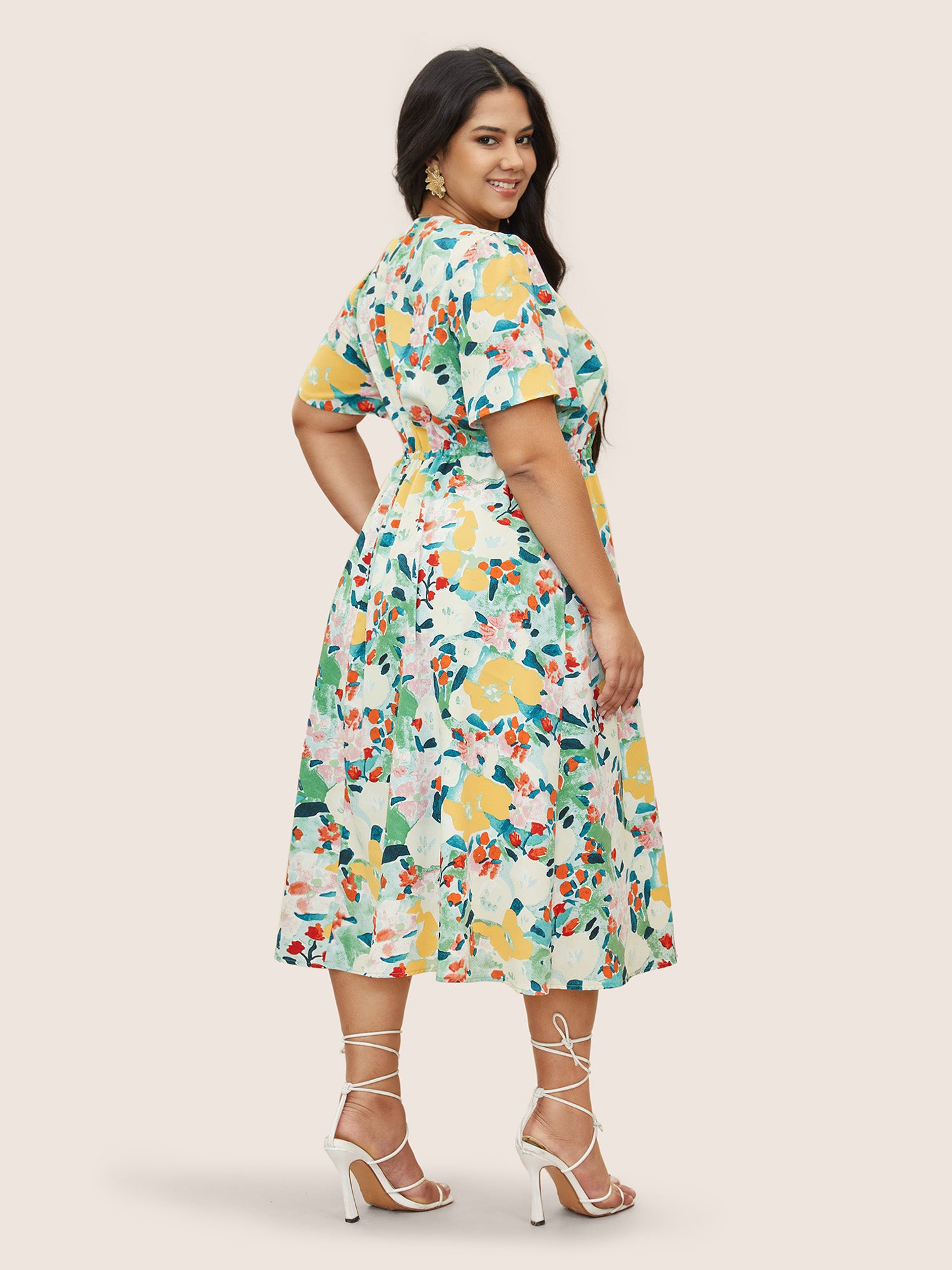 Citrus Lemon Print Drawstring Gathered Dress